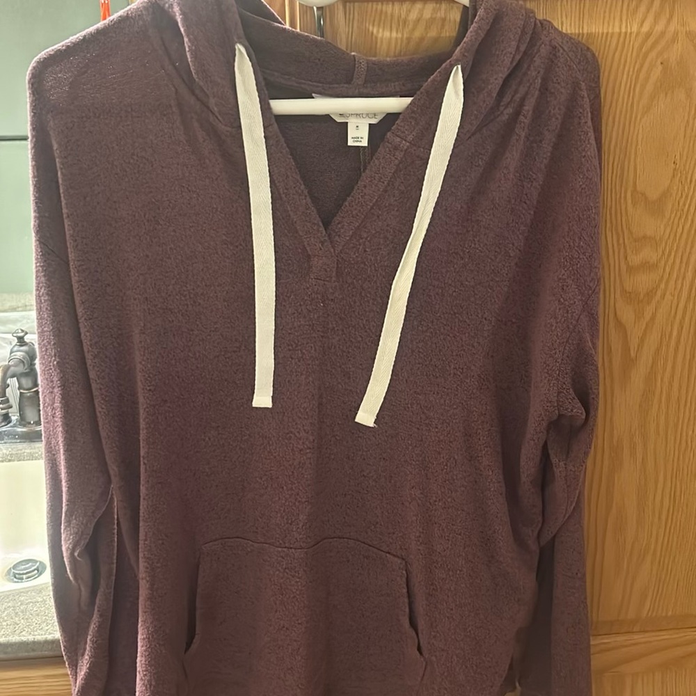 Market Spruce hooded long sleeve. Plum color.